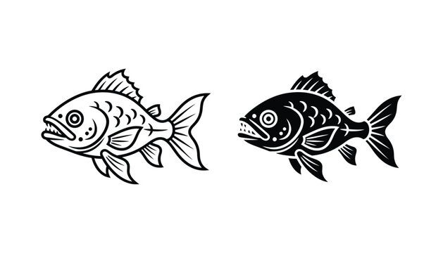 Predatory piranha fish vector illustration set featuring sharp teeth and fins in outline and solid black silhouette styles for aquatic or fishing branding