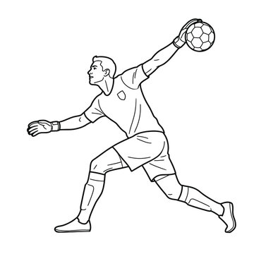 Soccer goalkeeper line art illustration throwing ball to start a counterattack. Professional football goalie in uniform and gloves isolated on white background.