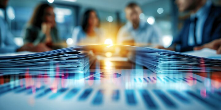 Business team meeting with reports and charts in a modern conference room