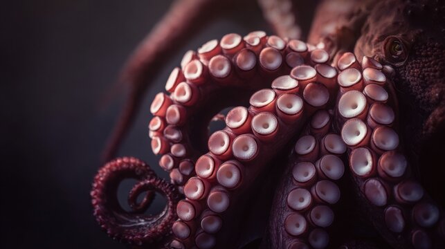octopus tentacles macro close up, suction cups highly detailed, dark slate background, cold cinematic lighting, organic texture abstraction