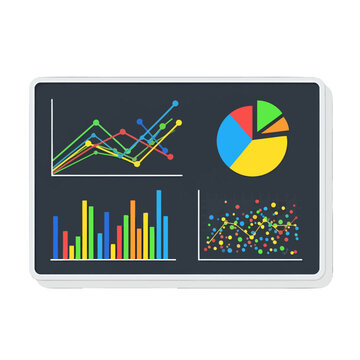 Digital display showing various colorful data charts and graphs
