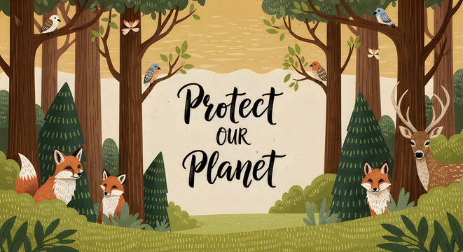 Protect Our Planet environmental poster, woodland forest illustration with fox and deer, eco-friendly nature conservation banner with wildlife