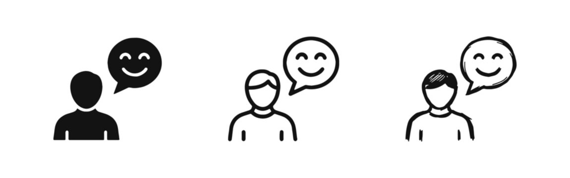 Happy person with speech bubble icons, positive feedback and satisfaction