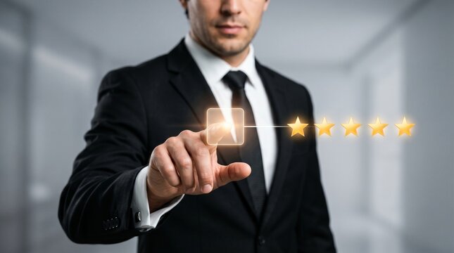 Quality Assessment: A distinguished businessman in a formal suit carefully selects a stellar rating of excellence, symbolizing high quality and customer satisfaction.