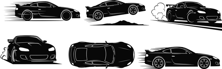 Black silhouette collection of sports cars racing drifting jumping and top view perspective isolated on white background for automotive speed and performance design projects © MdAbdur