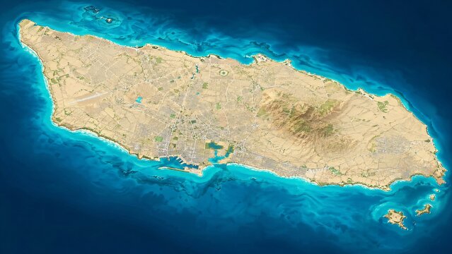 Detailed 3D satellite view map of Aruba island with turquoise Caribbean Sea water and topographic terrain landscape