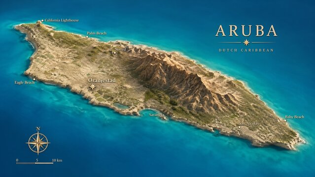 Detailed 3D topographical map of Aruba island highlighting cities and beaches in the Dutch Caribbean.