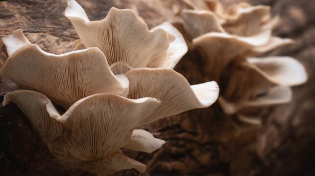 oyster mushrooms growing on fallen tree trunk forest macro natural texture detail soft light