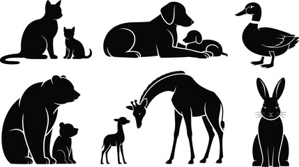 Black silhouette collection of animal mothers with their babies including cat dog bear giraffe duck and rabbit representing wildlife family and maternal love isolated © MdAbdur
