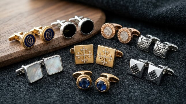 Collection of luxury cufflinks with various designs and precious materials on display