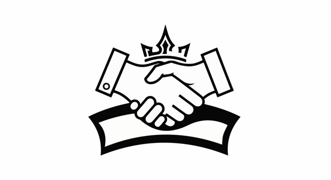 Stylized handshake with crown and ribbon