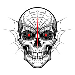 Fototapeta premium Scary Skull with Spiderweb Eyes and Red Dots