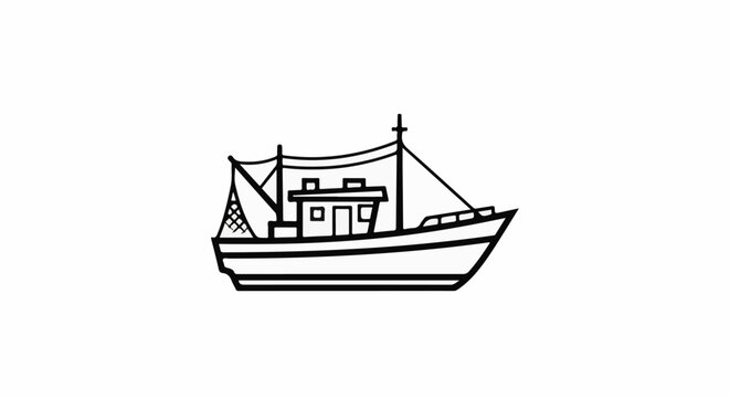 Stylized line drawing of a fishing trawler boat on a white background