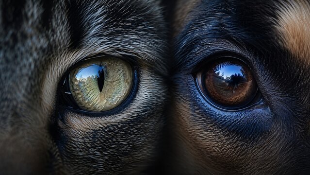 Close up macro shot of a cat and dog eye side by side focusing on detail