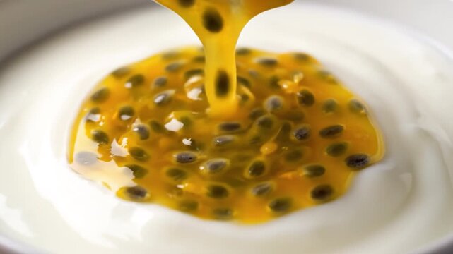 Passion fruit pulp with seeds pouring over creamy white yogurt creating fresh vibrant tropical dessert smooth texture bright colors blending yellow black seeds into creamy white tropical dessert