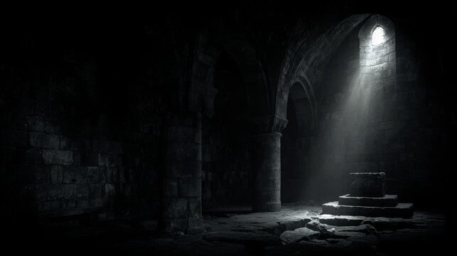 Dark medieval prison chamber with window light casting dramatic shadows, gothic stone walls, solitary and eerie atmosphere, black and white moody interior, cinematic historic scene