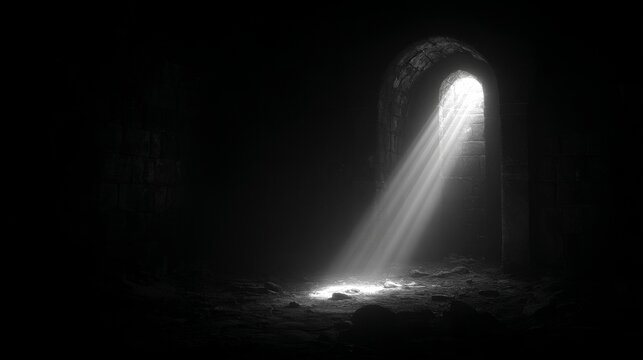 Dark medieval prison chamber with window light casting dramatic shadows, gothic stone walls, solitary and eerie atmosphere, black and white moody interior, cinematic historic scene