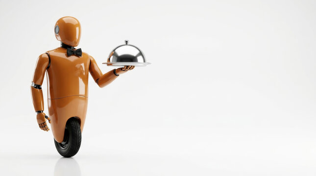 Robot waiter serving tray cloche bowtie orange restaurant service hospitality elegant android waiter. Robot cooking assistance assistant to help automation, robotic smart chef kitchen