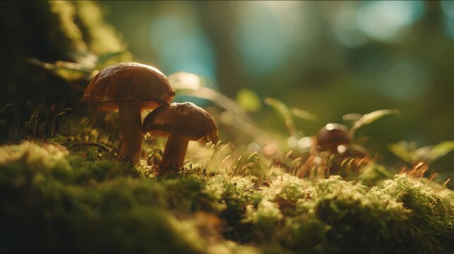porcini mushroom growing in green moss forest floor soft light cinematic macro natural woodland atmosphere