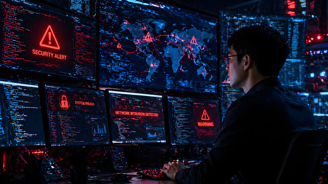 Cybersecurity expert monitoring network threats on multiple screens with red alert notifications, cyber attack and data protection concept