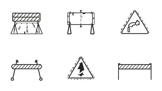 Roadwork Ahead: Six graphic signs depict a series of traffic barricades and safety warnings for an active construction zone, set against a pristine backdrop.