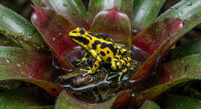 A heartwarming behavioral shot of a male Poison Dart Frog carrying a tiny tadpole on its back, navigating the center of a water-filled bromeliad plant. The bright yellow and black stripes of the frog 