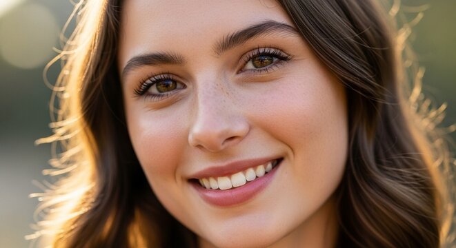 Close up portrait of beautiful young woman with friendly smile and brown eyes looking at camera with soft natural lighting and bokeh background highlighting her clear skin and gentle facial features.