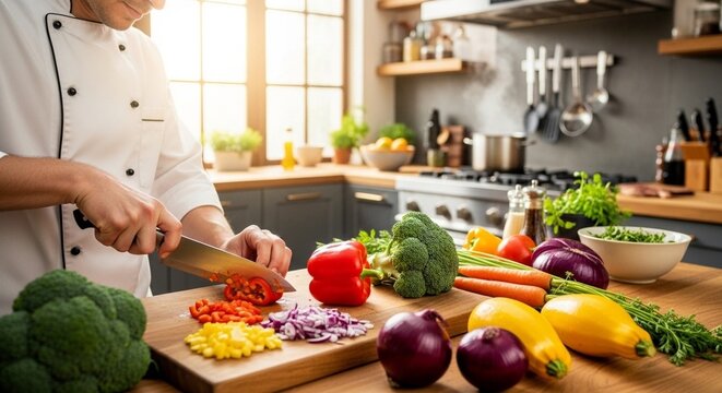 Professional chef cutting fresh organic vegetables on wooden board in modern kitchen culinary expert preparing healthy ingredients for gourmet meal slicing peppers broccoli and onions cooking craft 