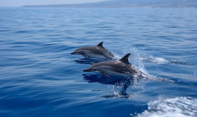 Fototapeta premium 2 glistening dophins swim and jump to the surface far away from us