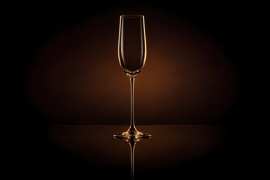 An elegant empty champagne flute glass beautifully illuminated with warm edge lighting on a dark backdrop. Excellent for New Years Eve invitations luxurious party banners and fine dining.