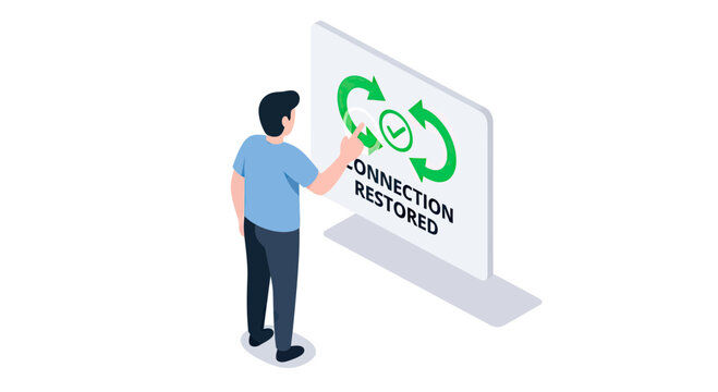 Isometric Vector Illustration of a Man Interacting with a Digital Screen Displaying Connection Restored Message and Sync Icon for Network Recovery and Technology Concepts