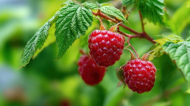 ripe raspberries on bush vibrant red color green leaves background juicy texture natural light macro