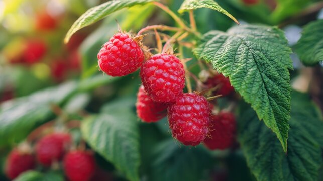 ripe raspberries on bush vibrant red color green leaves background juicy texture natural light macro