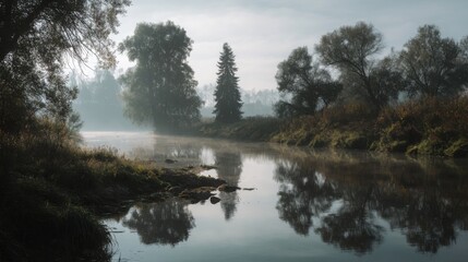 Obraz premium river covered with morning mist soft light reflections calm water cinematic landscape nature