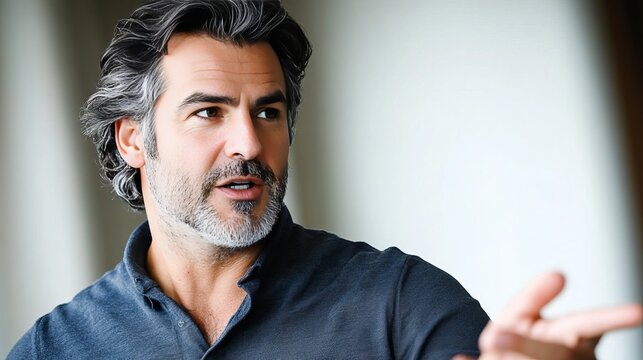 Engaging European Man Delivering a Charismatic Presentation with Focus, Intensity, and Conviction