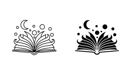 Open magic book icon set with floating moons and stars in mystical vector style for fantasy literature © Nova