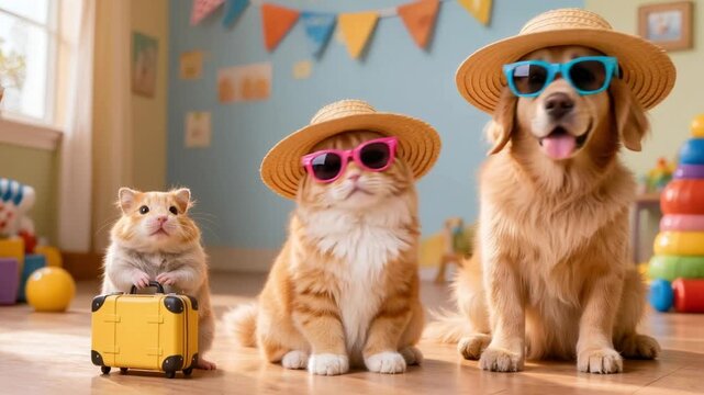 Funny pets wearing sunglasses and hats with tiny suitcase indoors, cute dog cat and hamster ready for travel adventure concept