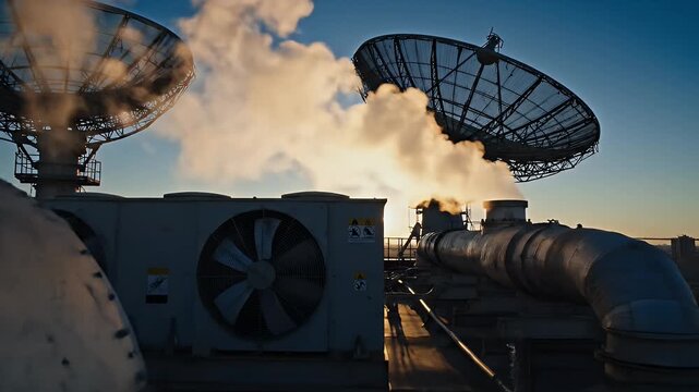 Satellite dishes on rooftop with steam against blue sky at dusk telecommunications