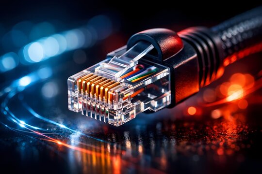 Extreme close up of a transparent ethernet network cable glowing brightly with vibrant blue and red digital light. Ideal for fast internet connection promos and telecommunication backgrounds.
