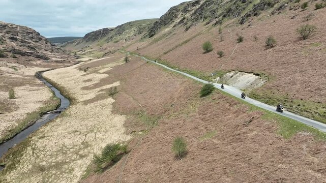Editorial Abergwesyn, UK - April 26, 2026:  The Abergwesyn Pass, a narrow single-track road popular with motorcyclists as it winds its way through the Cambrian Mountains in Mid Wales.