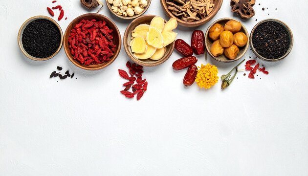 薬膳スープ・クコの実・なつめ・生姜・白背景・真俯瞰・漢方・健康食・薬膳料理素材／Yakuzen herbal soup top view on white background, goji berry jujube ginger medicinal broth, traditional Chinese Japanese health food stock photo, wellness cuisi