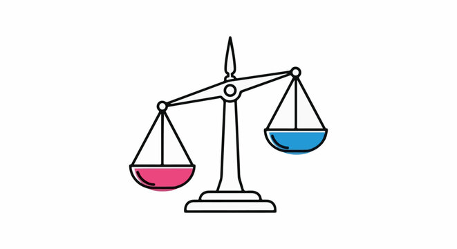 A stylized balance scale with one pan holding pink liquid and the other blue