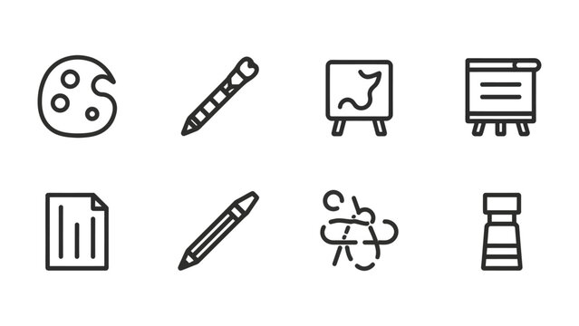 Artistic Essentials: A concise collection of artistic tools, meticulously outlined against a minimalist backdrop. These essential elements include a palette, pencils, easel with artwork.