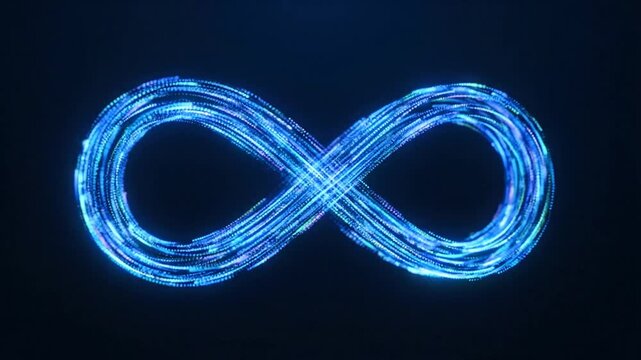 Glowing blue infinity symbol shines brightly in darkness.