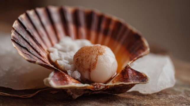 scallop meat inside open shell, soft natural textures, minimal composition, cold seafood aesthetic, macro photography