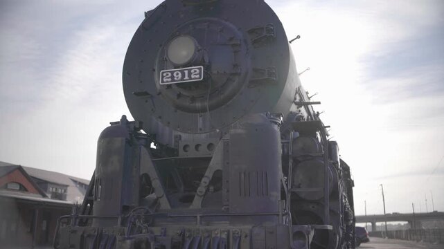 Close Front View of Santa Fe 2912 Steam Locomotive in Pueblo Colorado USA