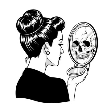 Woman Looking in Mirror Reflecting Skull, Vanitas, Mortality, Beauty, Pop Art Style