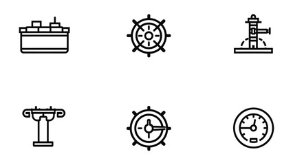 Fototapeta premium Nautical Icon Collection: A set of clean, minimalist line icons, including a ship's wheel, compass, and other nautical-themed items on a graphic background. 