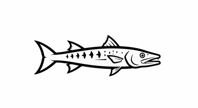 Black and white drawing of a barracuda with sharp teeth and pointed fins