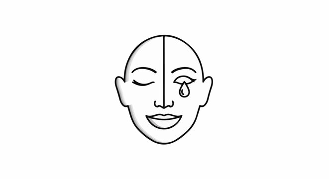 A split face illustration, one eye closed, other crying, mouth smiling